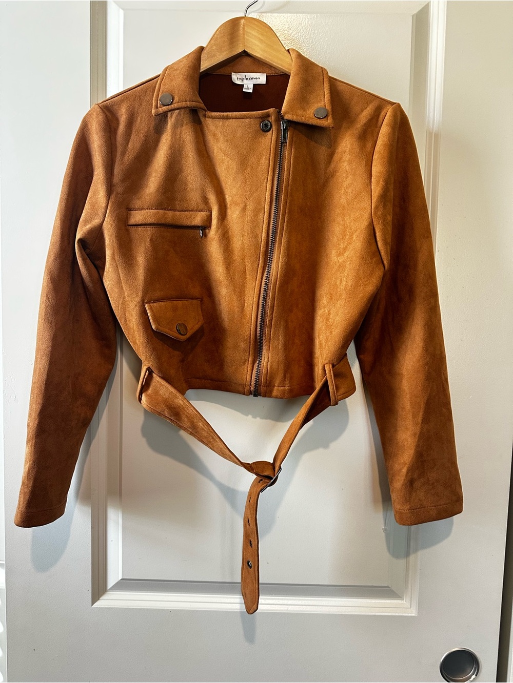 Triple 7 Suede Cognac-Brown Cropped Belted Jacket